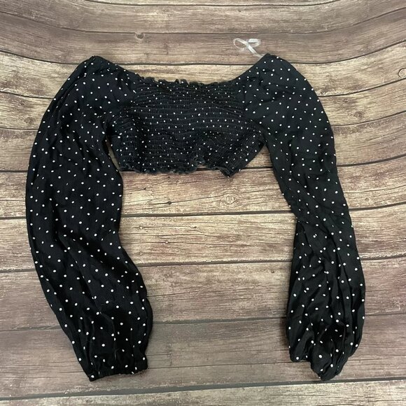 Women’s Blue Jasmine Black White Polka Dot Tie Crop Top Blouse Large NWT - Picture 4 of 4